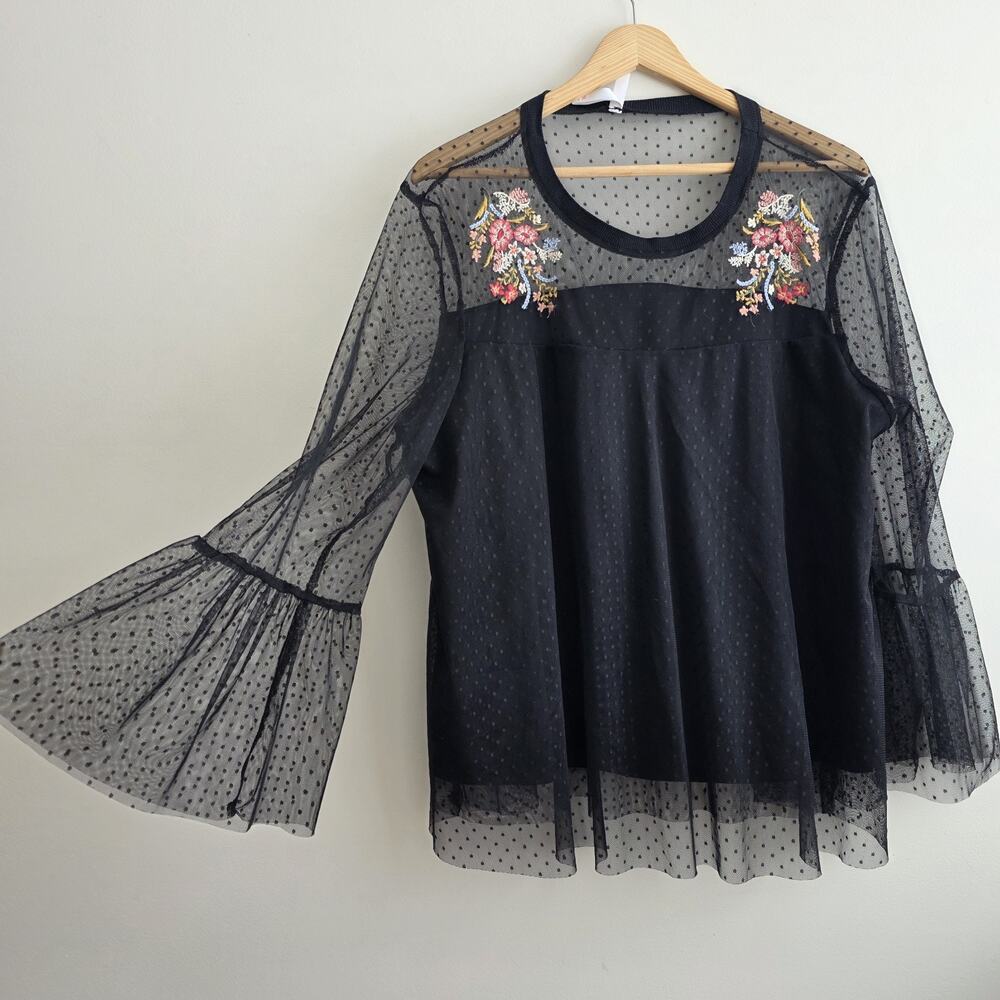 Black Mesh Bell Sleeve XXL Blouse Whimsygoth Fairy Embroidered Dark Coquette